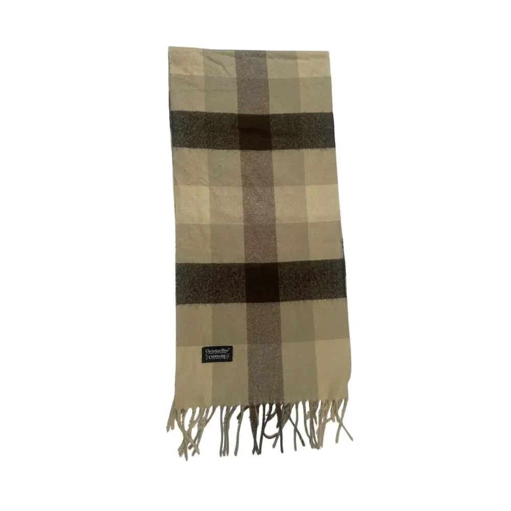 Christian Dior Vintage Scarf Beige Brown Check Plaid 53x11